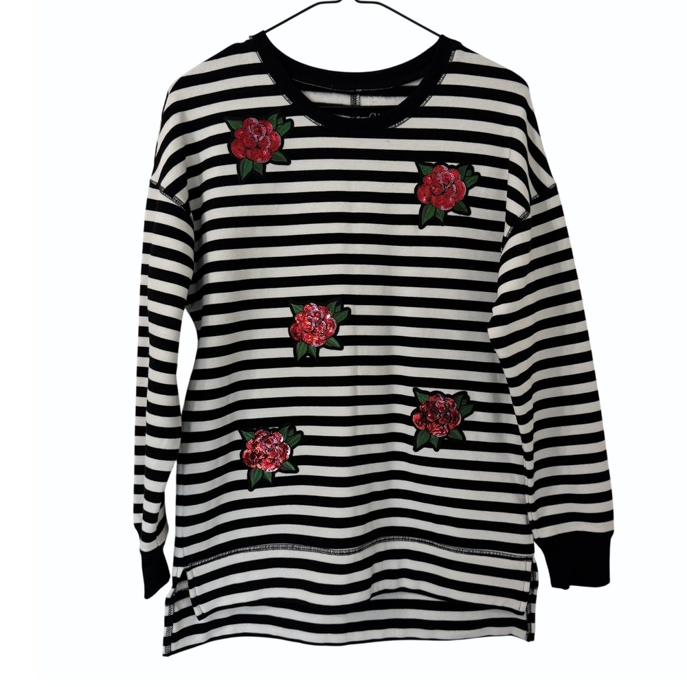 Carbon Copy Womens Small‎ Black White Striped Sequin Rose Fleece Sweatshirt